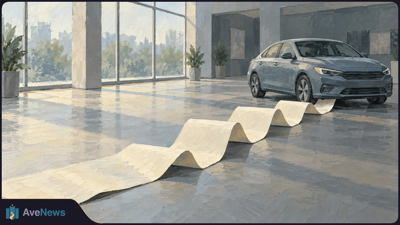 A gray sedan in a bright showroom, with a long blank ribbon of paper winding across the reflective floor. SI illustration