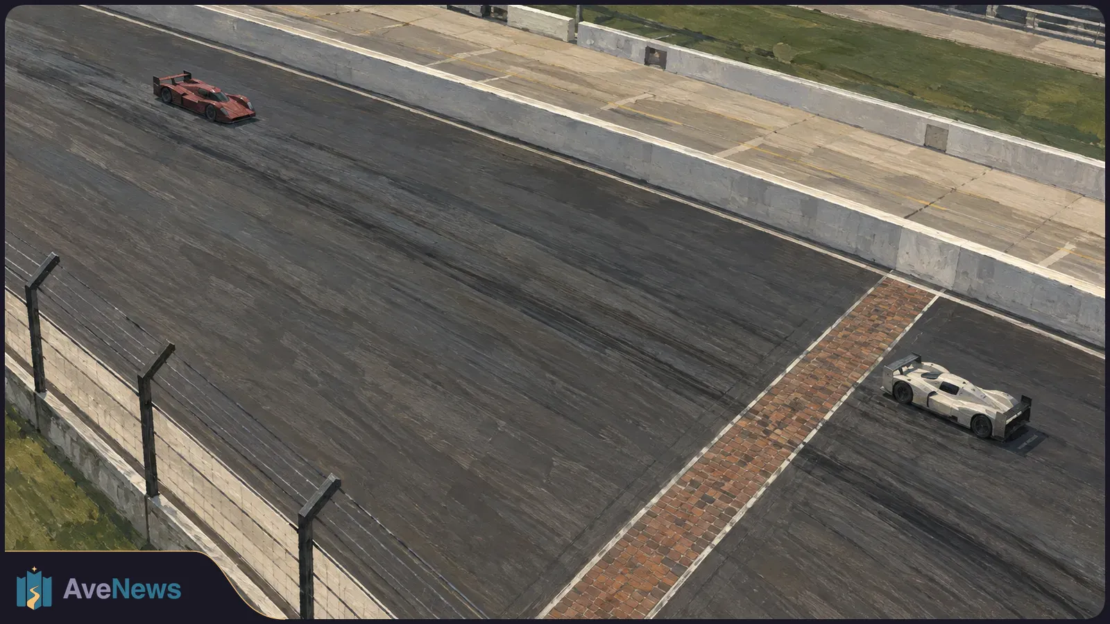 Painted overhead view of a racetrack with a red race car ahead of a white one near a brick strip crossing the asphalt. SI illustration