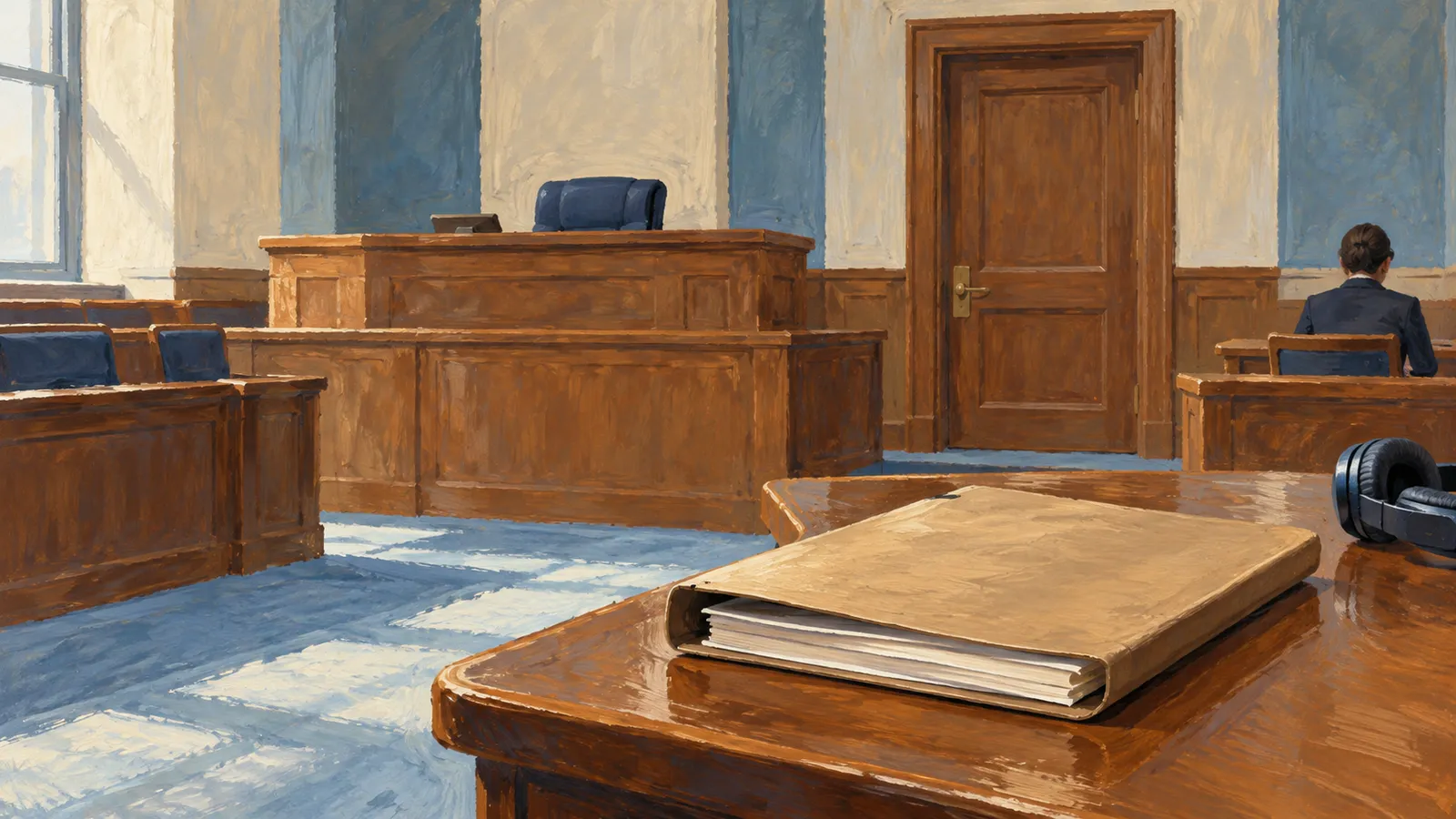A painted courtroom with an empty judge’s bench, a seated figure seen from behind, and a folder and headphones on a wooden table. SI illustration