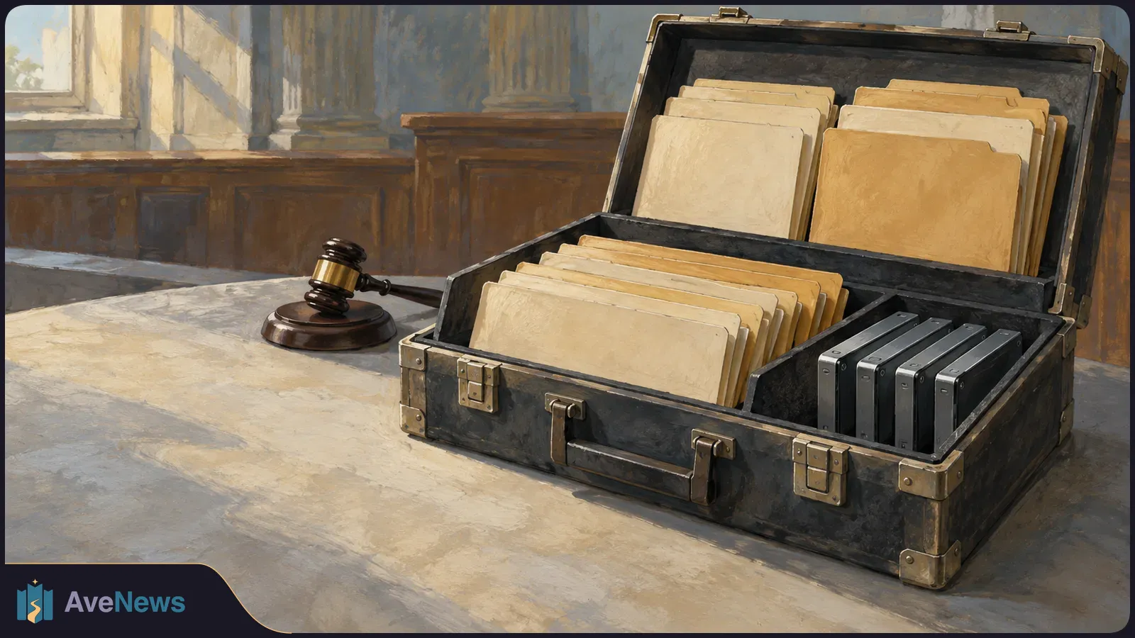 Illustration of an open case filled with plain folders and dark binders on a table, with a judge’s gavel beside it. SI illustration