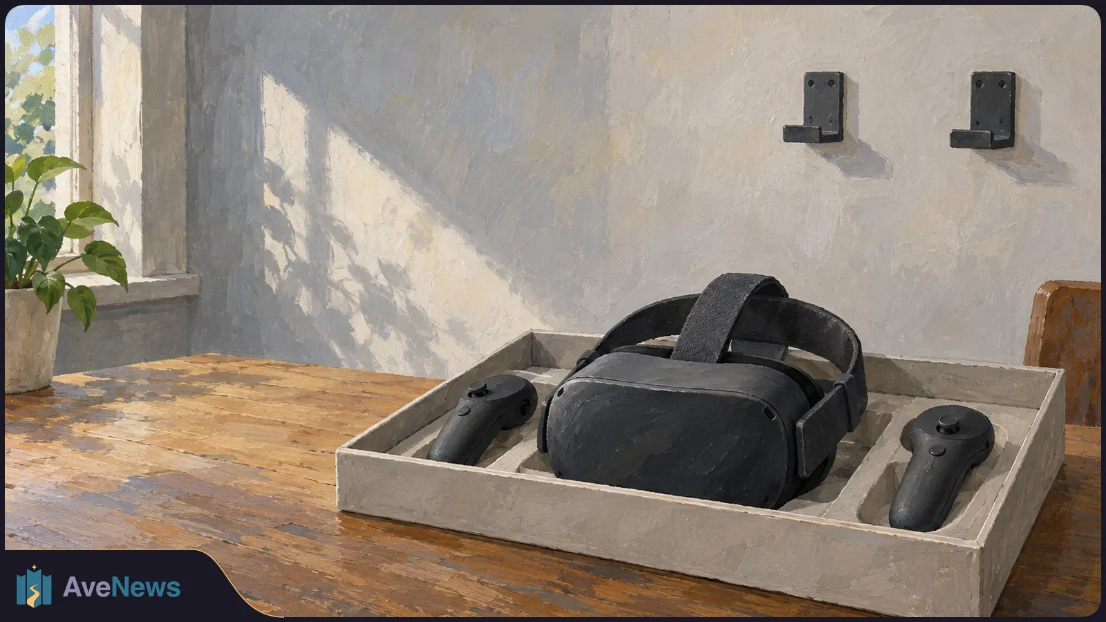 Painted scene of a black VR headset and two controllers in a tray on a sunlit wooden table, with two empty brackets on the wall behind. SI illustration