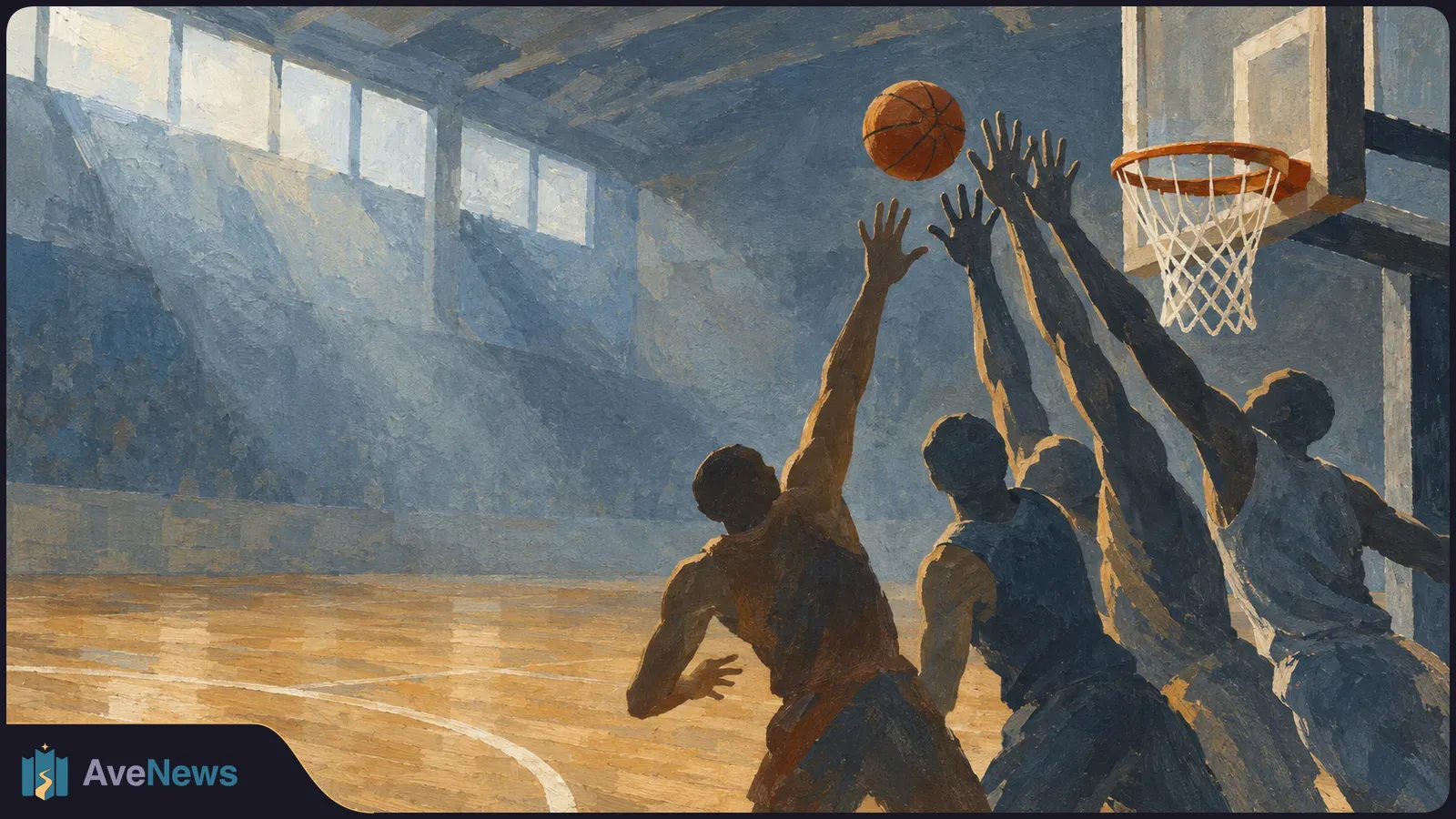 Painted scene of basketball players reaching toward a ball beside a hoop in a sunlit indoor court. SI illustration