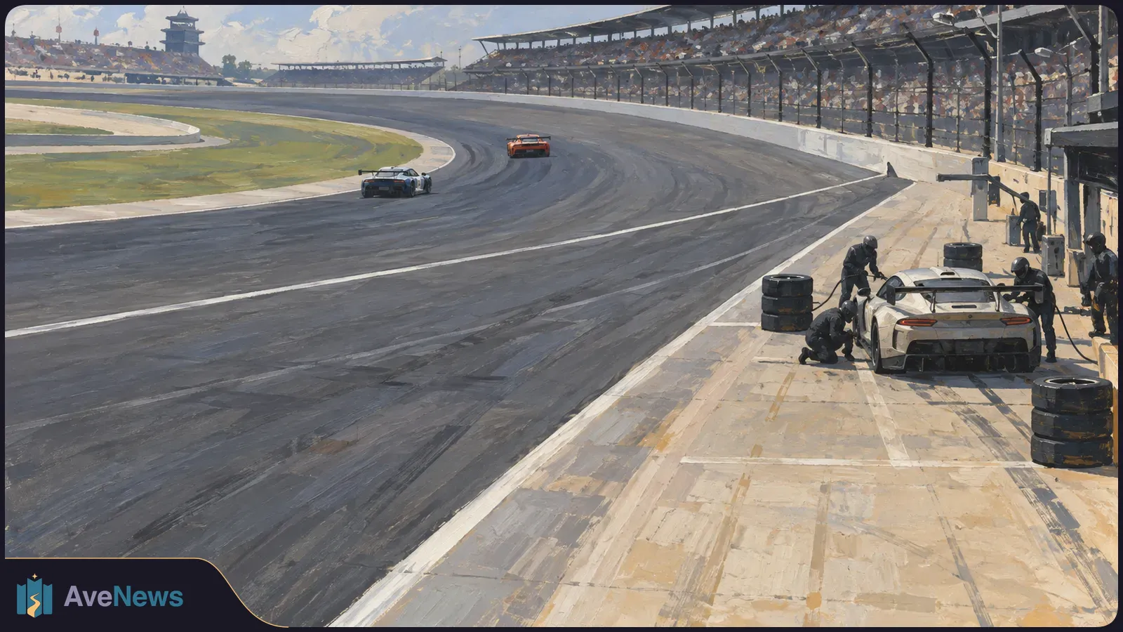 Painted scene of a white race car in the pit lane with crew around it, while two cars round the track past crowded grandstands. SI illustration