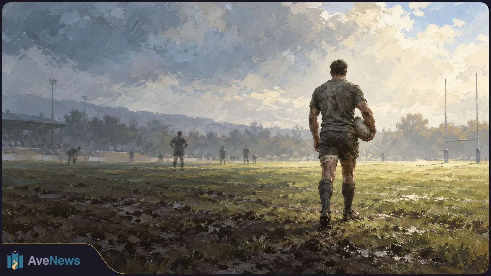 Painterly scene of a mud-covered rugby player carrying a ball onto a field, with other players and goalposts beneath a cloudy sky. SI illustration