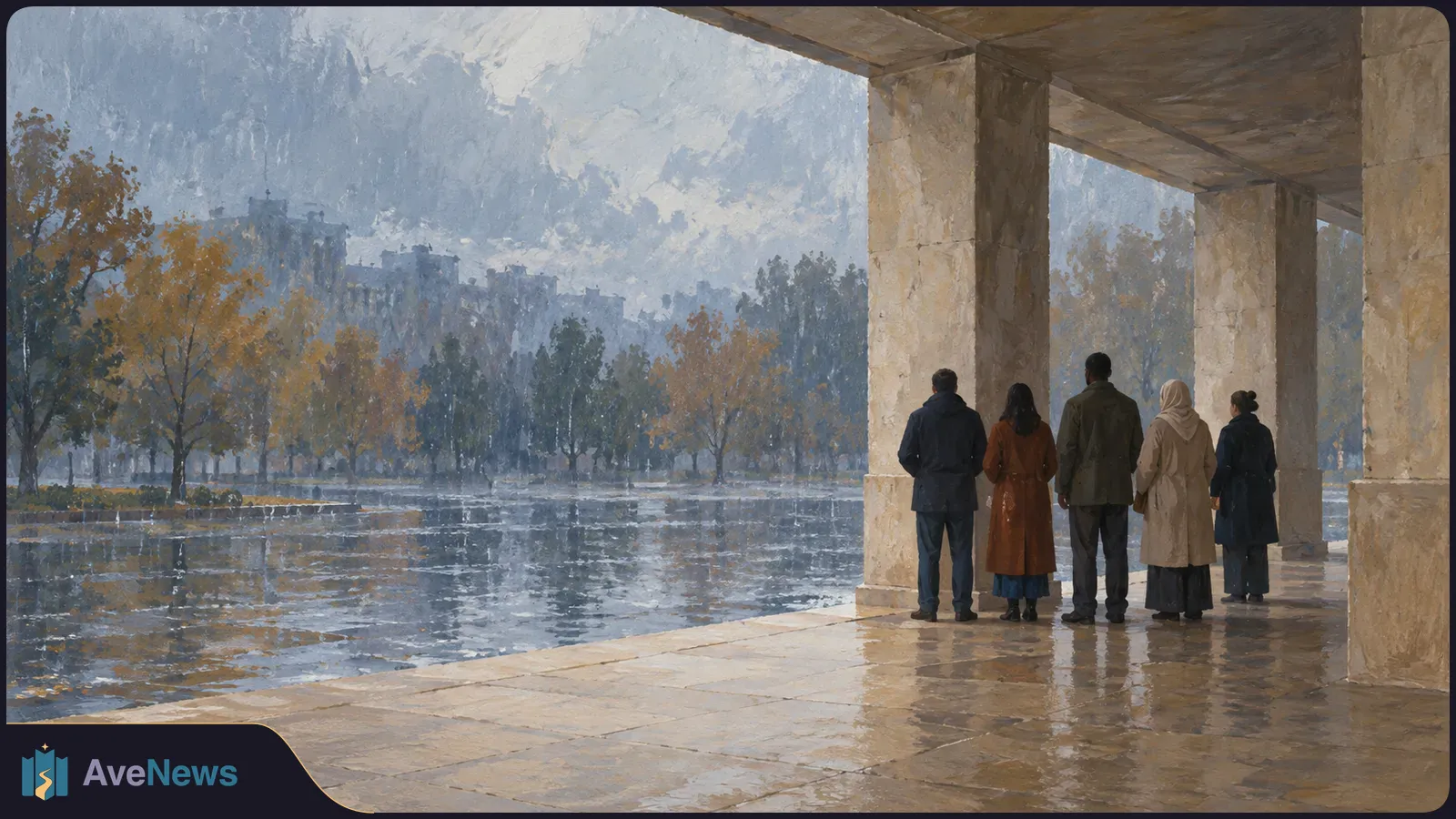 Five people stand under a stone colonnade, looking out at rain falling on a tree-lined plaza with buildings in the distance. SI illustration