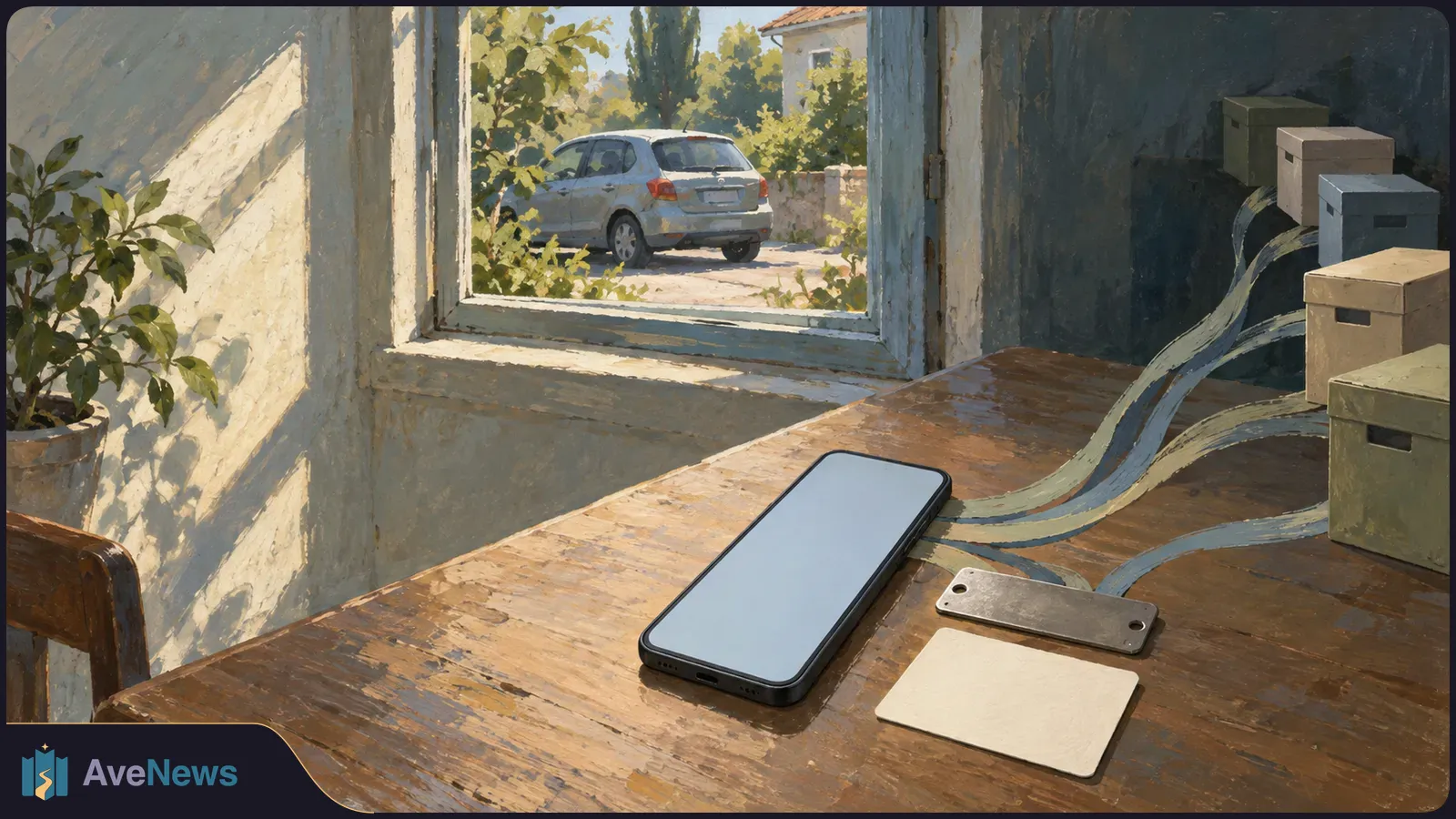 A blank-screen phone lies on a wooden table, with ribbon-like bands leading toward stacked boxes. A silver hatchback is visible through the window. SI illustration
