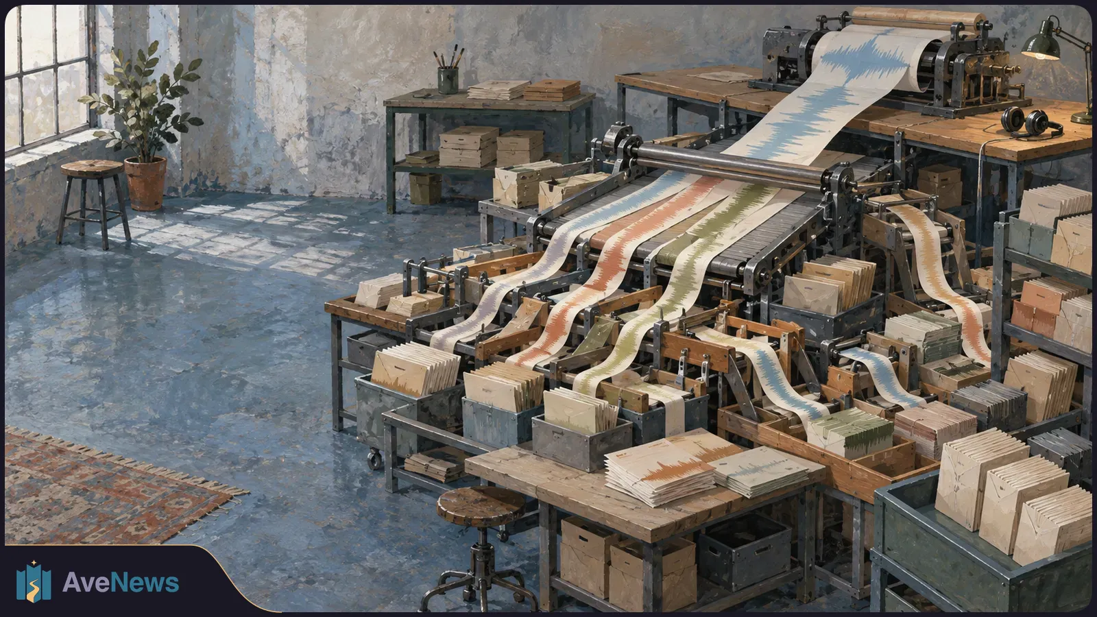 An illustrated workshop machine feeds long strips with colored, waveform-like patterns over rollers, surrounded by stacks of paper sleeves and boxes. SI illustration