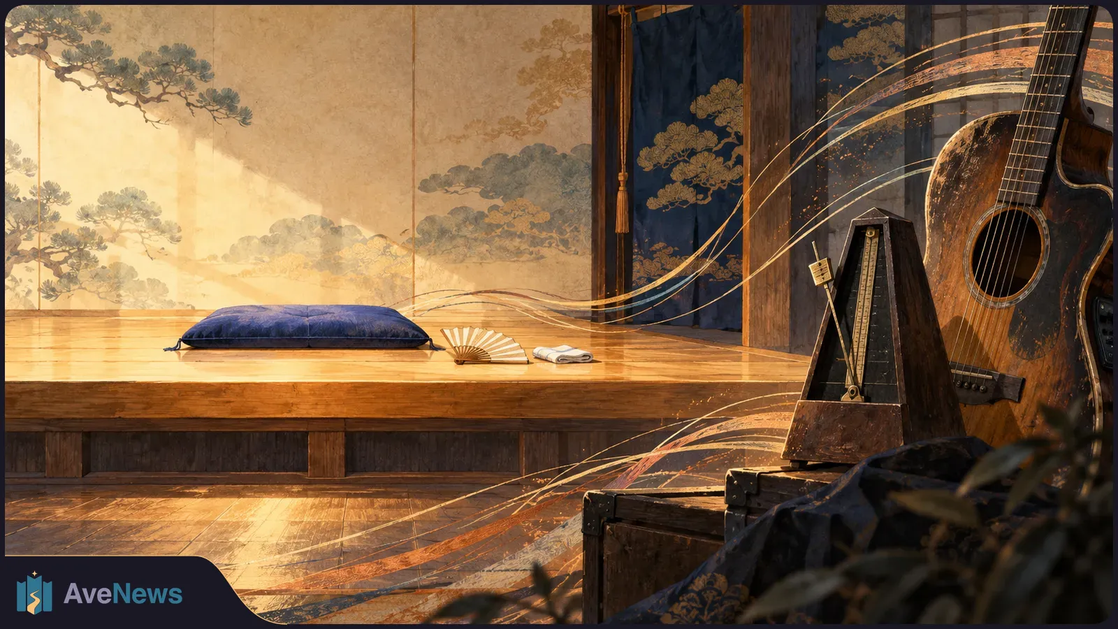 Illustration of a wooden stage with a blue cushion, open fan and folded cloth; a metronome and acoustic guitar stand nearby as golden lines sweep across the scene. SI illustration