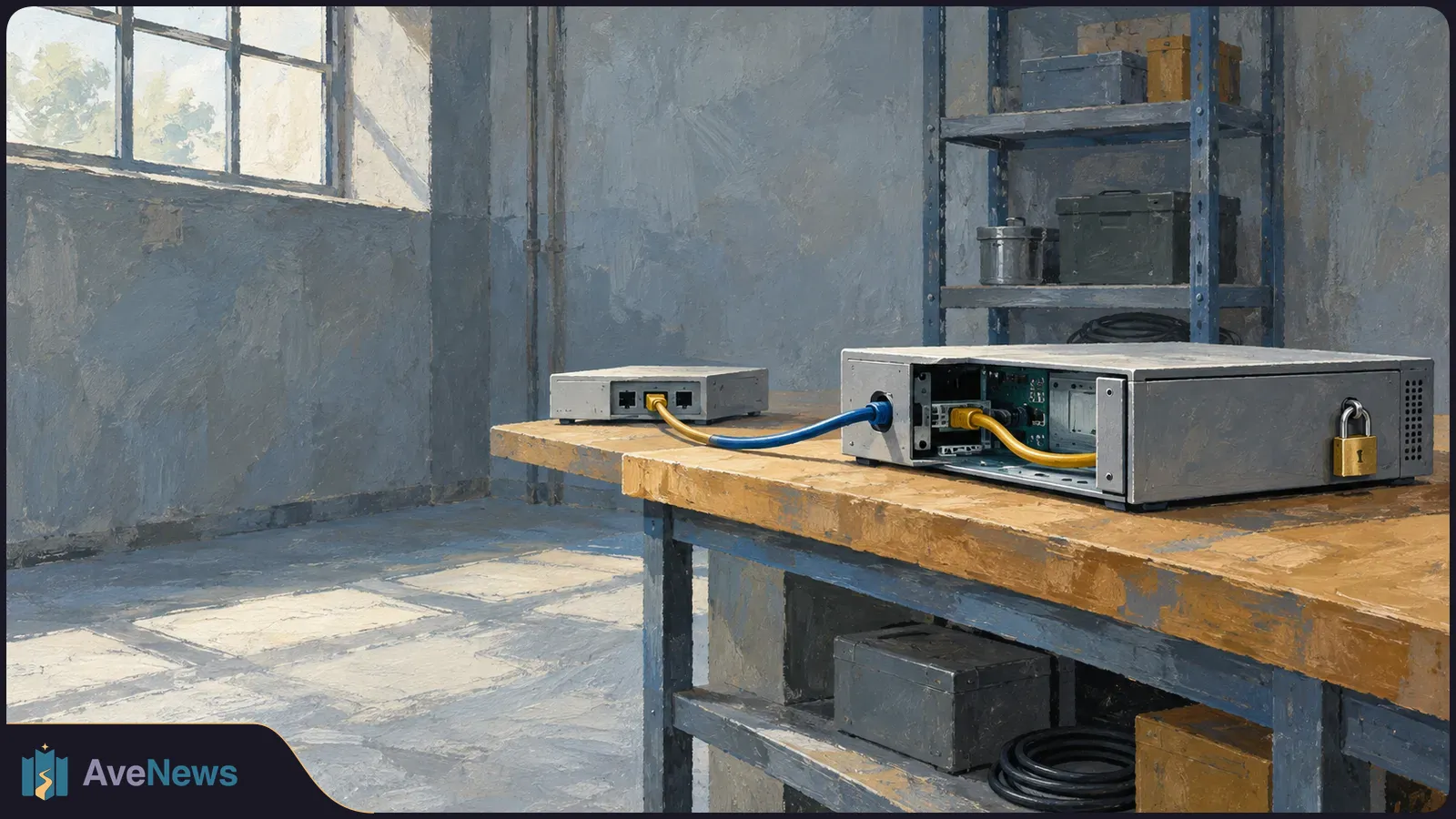Painted scene of two network devices connected by blue and yellow cables on a wooden workbench; a padlock hangs from the larger device. SI illustration