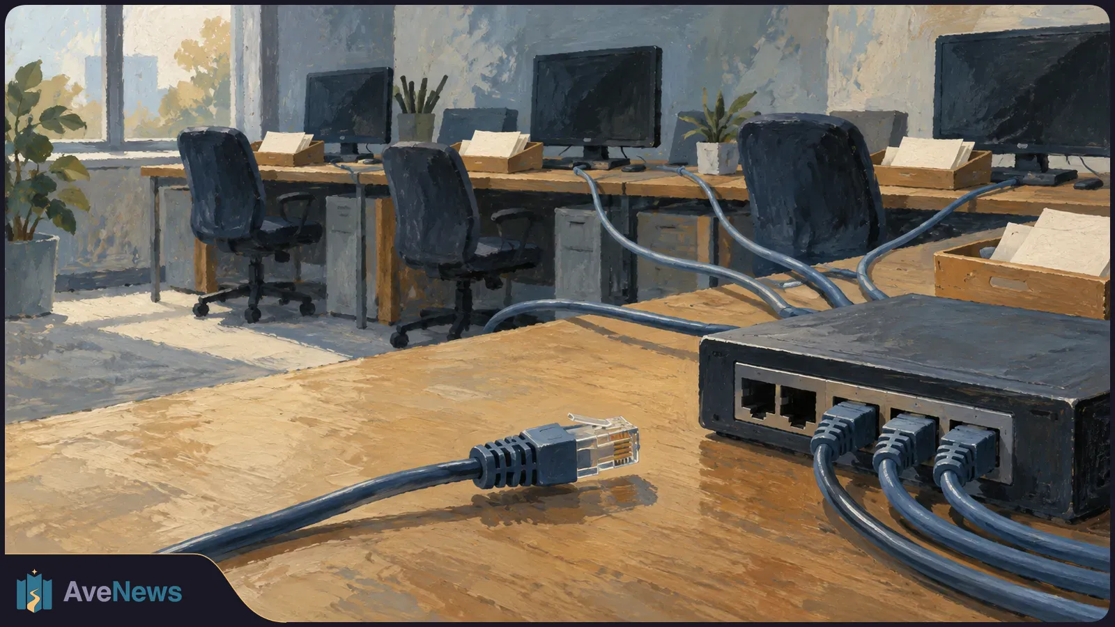 Painted office scene with an unplugged Ethernet cable beside a network switch. Other cables remain connected, and the monitors in the background are dark. SI illustration