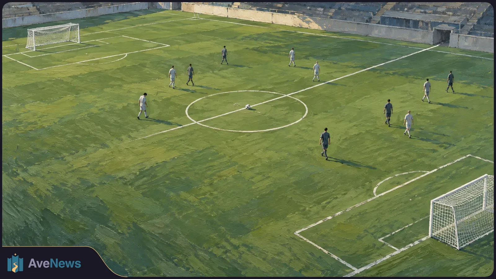 Painted elevated view of a soccer field, with a ball near the center circle, small players in light and dark kits spread across the pitch, and goals at both ends. SI illustration