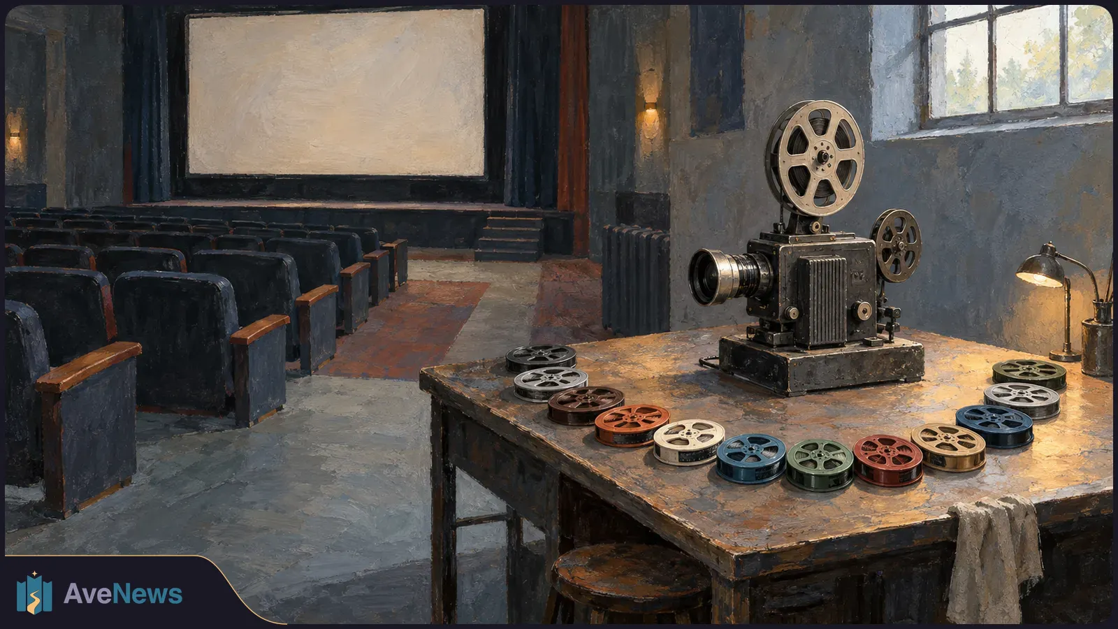 A painted cinema interior with an old film projector on a table, twelve small film reels spread across it, and empty seats facing a blank screen. SI illustration