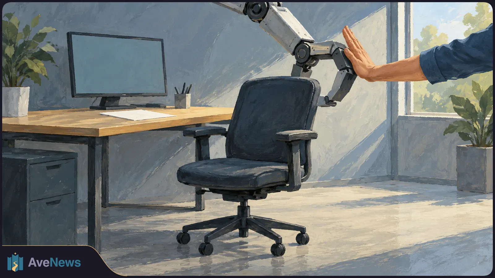 A painted office scene shows a human hand pressed against a robotic arm beside an empty desk chair. A blank monitor and paper sit on the desk. SI illustration