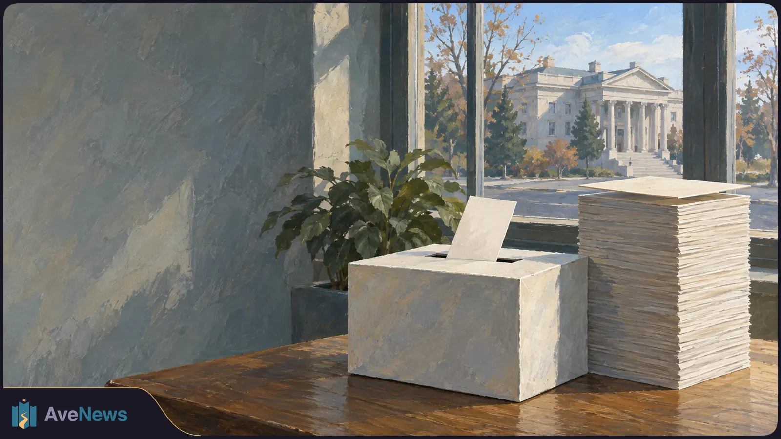 Painted scene of a blank sheet inserted into a white ballot box beside a stack of blank papers, with a columned building visible through a window. SI illustration