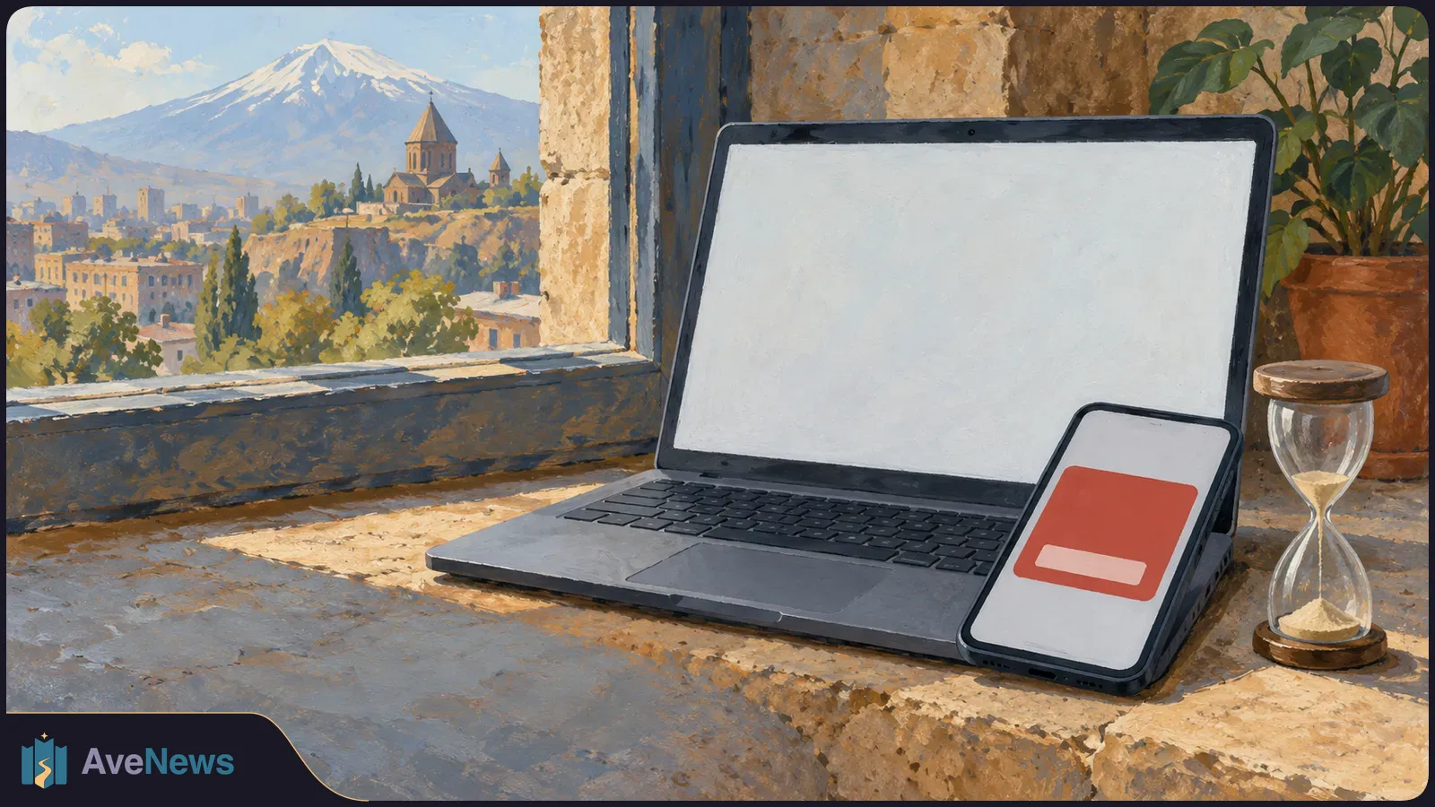 Painted scene of a laptop with a blank screen, a phone showing a red block, and an hourglass on a stone windowsill. A church and snowy mountain are visible outside. SI illustration