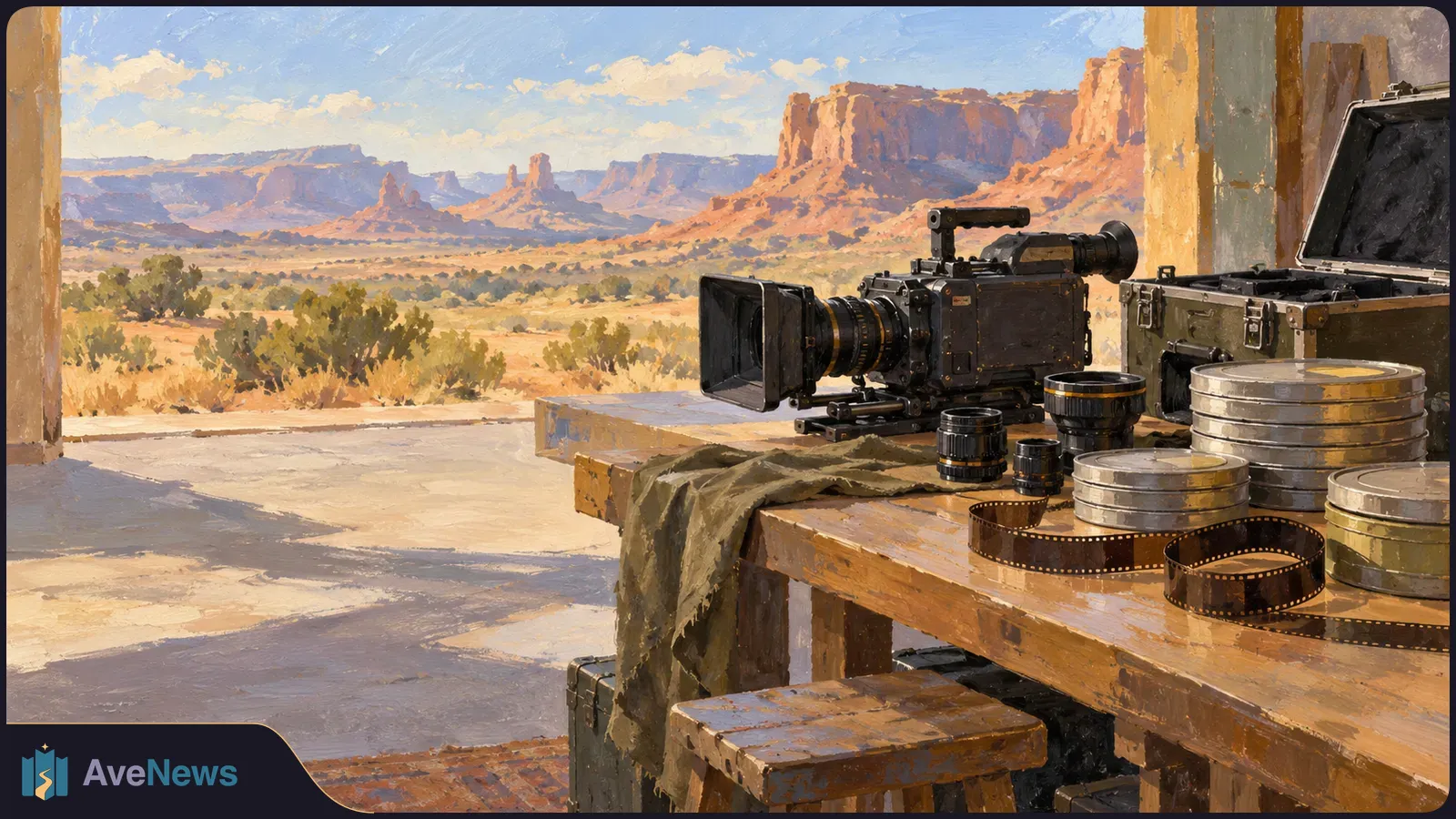 Painted desert landscape with sandstone cliffs; a film camera, lenses, film reels and equipment cases sit on a wooden table in the foreground. SI illustration