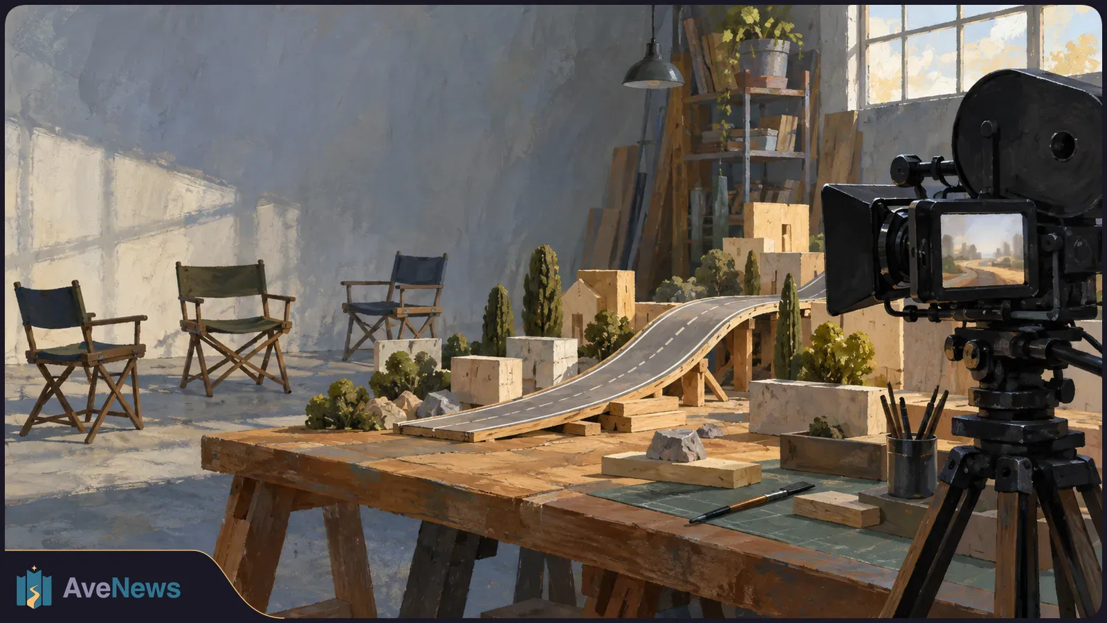 A painted film studio scene with a camera aimed at a tabletop model of a winding road, small buildings and trees; three director’s chairs stand behind it. SI illustration