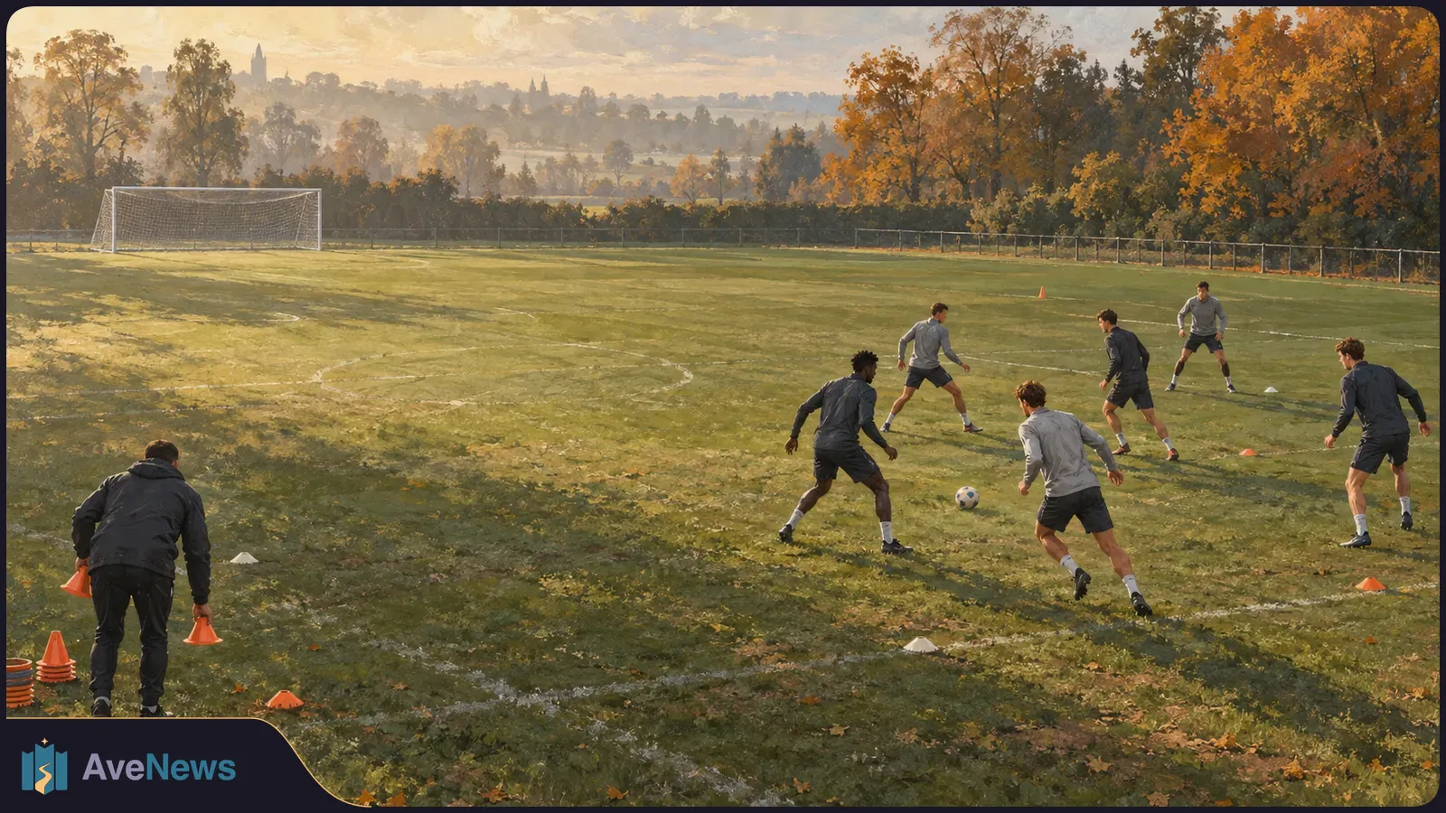 A person carries orange cones while six players train around a ball on a grassy football field, with a goal and autumn trees behind them. SI illustration