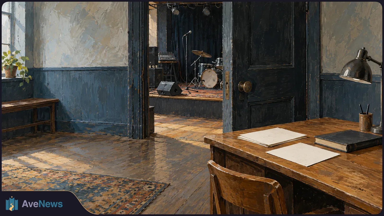A painted room with blank papers on a wooden desk. Through an open doorway, a small stage holds drums, a microphone and sound equipment. SI illustration