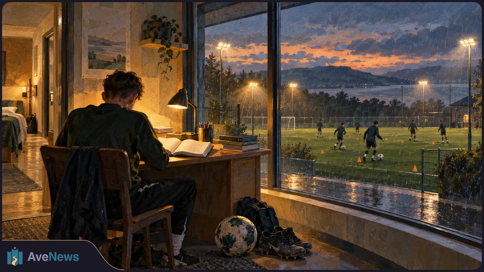 A teenager studies at a desk beside a football and boots, while players train on a floodlit pitch beyond a rain-streaked window at dusk. SI illustration