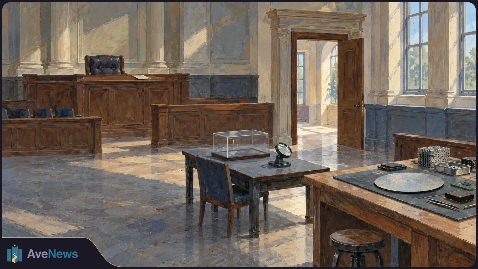 A painted, sunlit courtroom with an empty judge’s bench and a foreground worktable holding microchips, a magnifier and a clear case. SI illustration