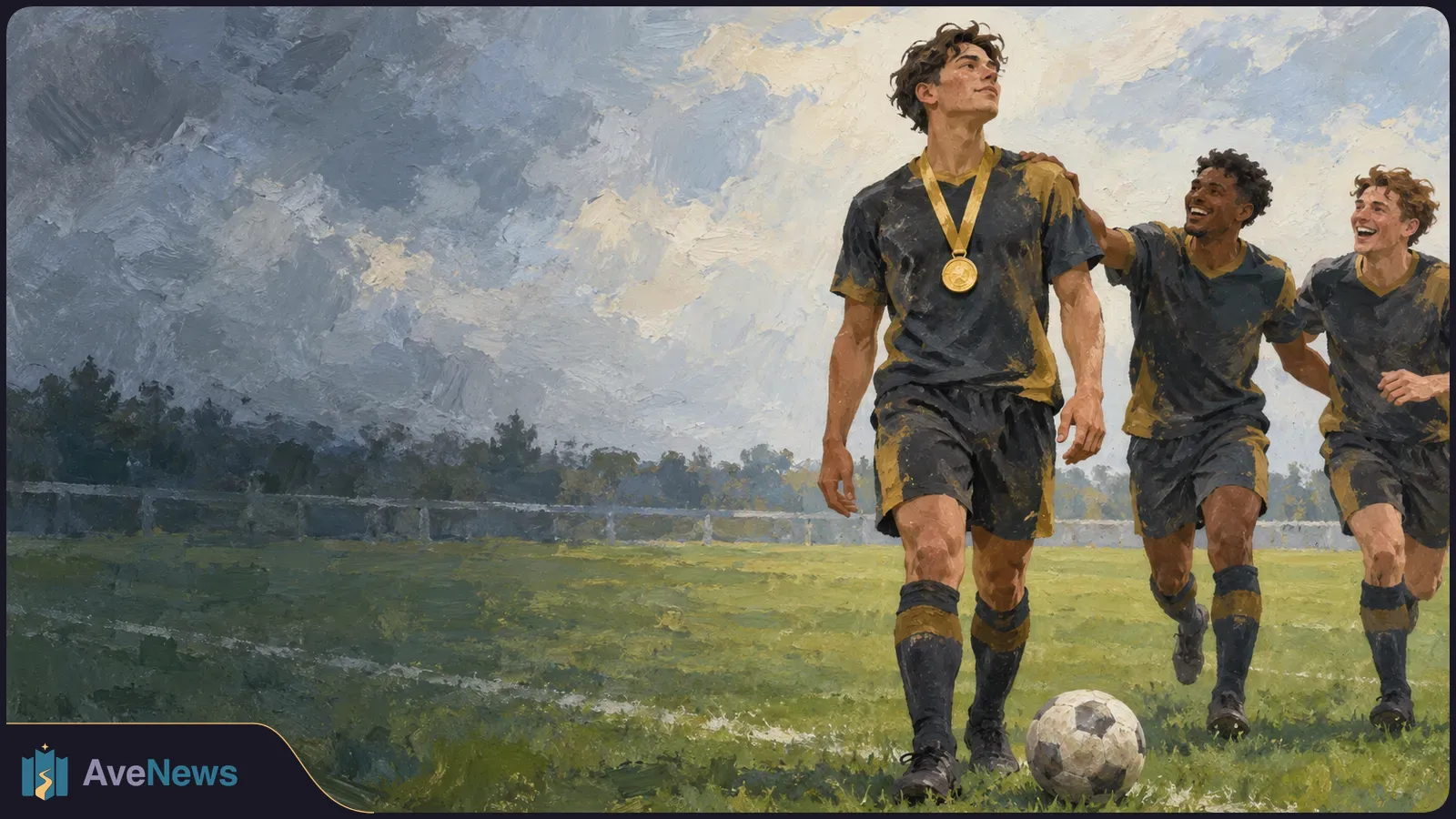Painted scene of three smiling footballers in dark kits on a grassy pitch; the player in front wears a gold medal, with a ball at his feet. SI illustration