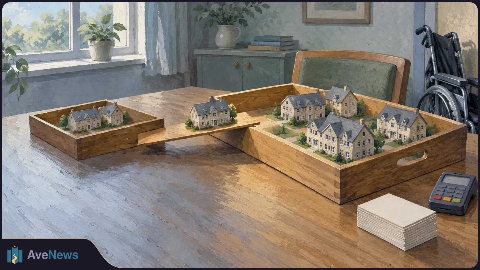 A painted room with miniature buildings in two wooden trays linked by a small bridge. A card reader, stack of blank papers and wheelchair sit nearby. SI illustration