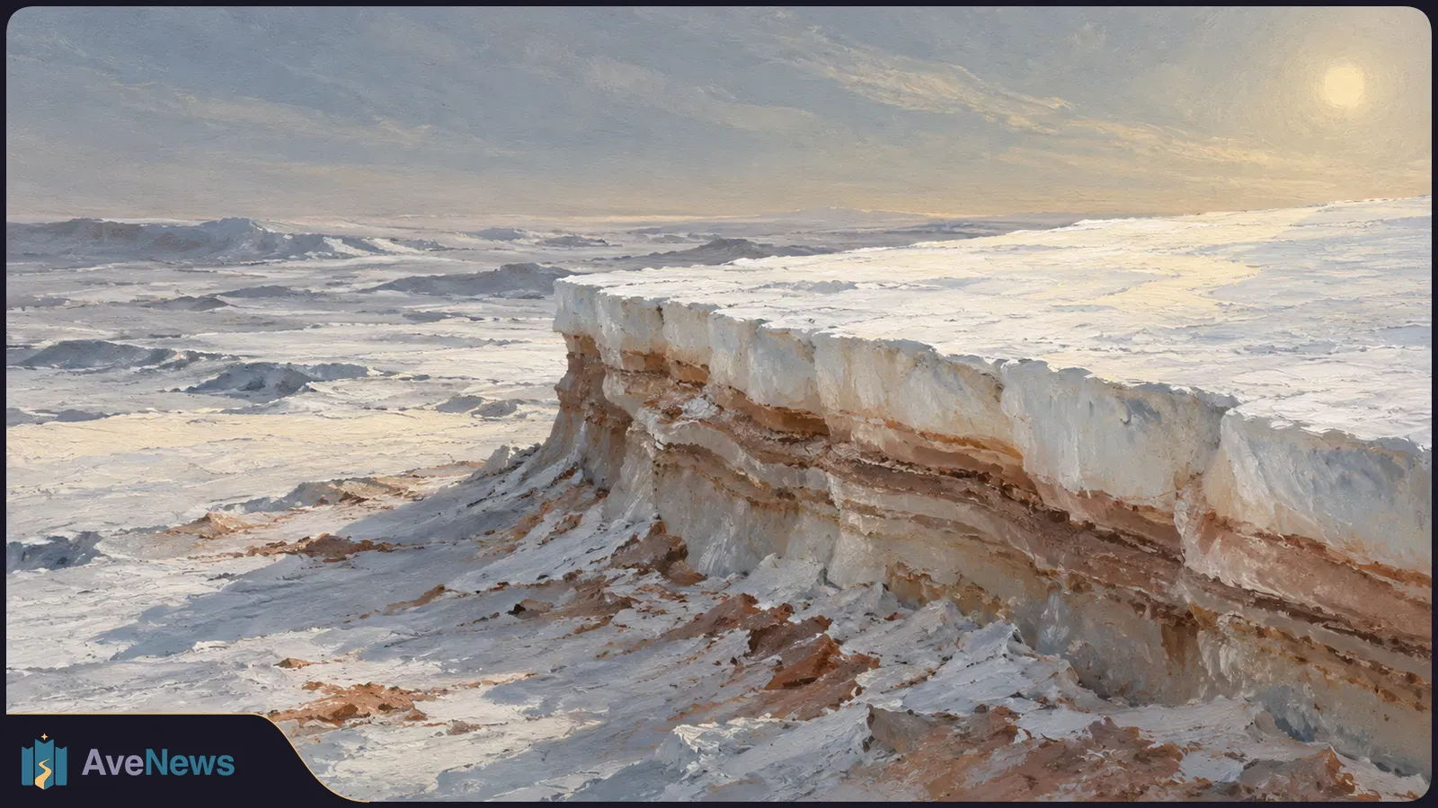 A broad white ice field ends at a steep edge, revealing brown bands beneath the bright surface. Low ridges recede toward a hazy sun. SI illustration