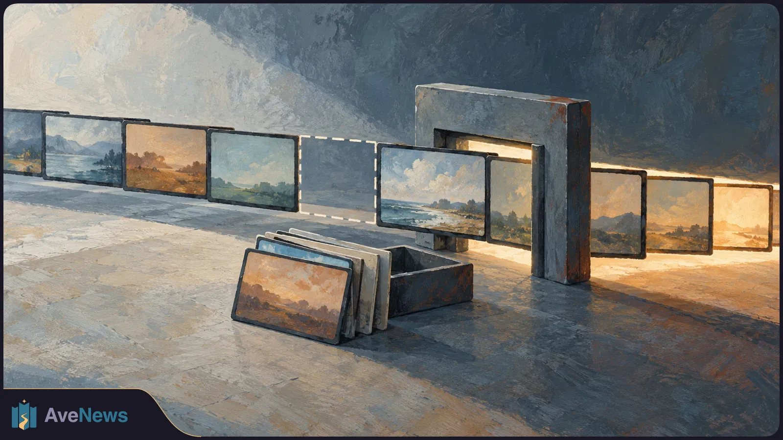 Painterly illustration of landscape images on a row of screens passing through a tall rectangular frame, with more screens stacked in a box in front. SI illustration