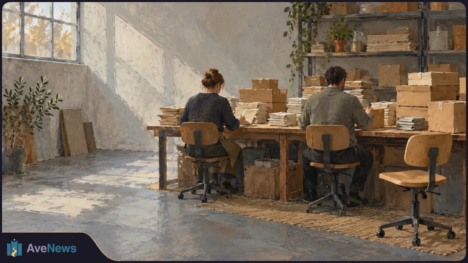 Illustration of two people seated at a long table sorting papers among stacks of documents and cardboard boxes in a sunlit room. SI illustration