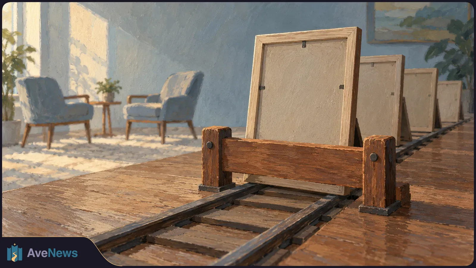 Illustration of a wooden barrier across a short track holding a row of picture frames, with two armchairs and a small table in a sunlit waiting room. SI illustration