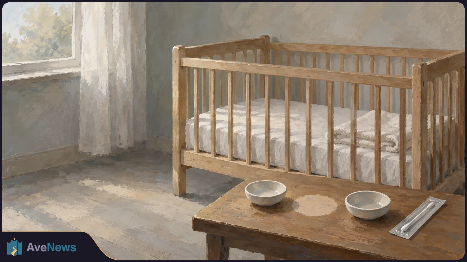 Illustration of an empty wooden cot with white bedding beside a curtained window. Two small bowls and a wrapped white swab lie on a wooden table in front. SI illustration