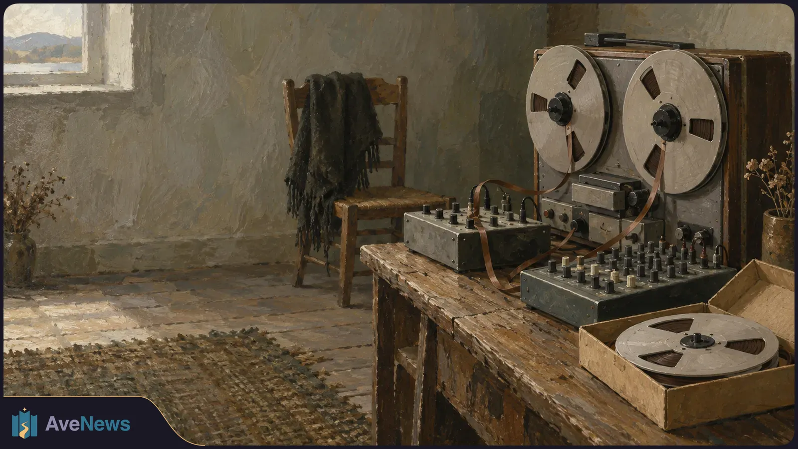 A reel-to-reel tape recorder and audio controls sit on a worn wooden table beside a boxed tape reel. A dark shawl hangs over a chair by the window. SI illustration
