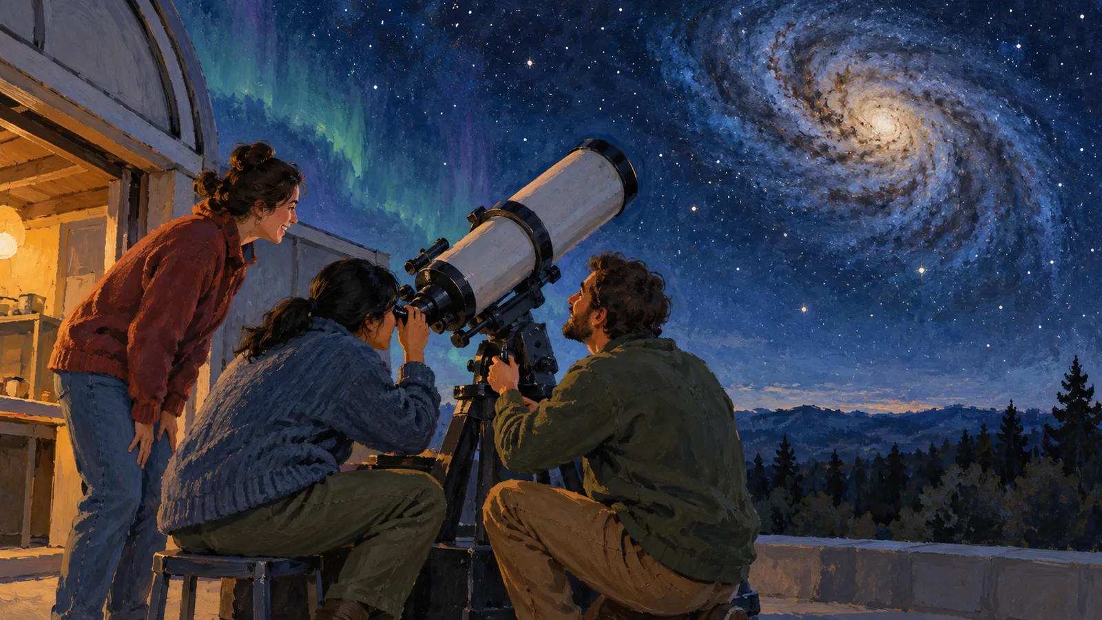 Three people gather around a telescope outside an observatory beneath a starry sky with an aurora and a large spiral galaxy. SI illustration