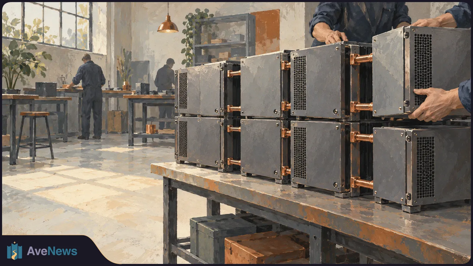 Illustrated workshop with workers at benches and stacked gray server units on a foreground table; hands hold one unit at the right. SI illustration
