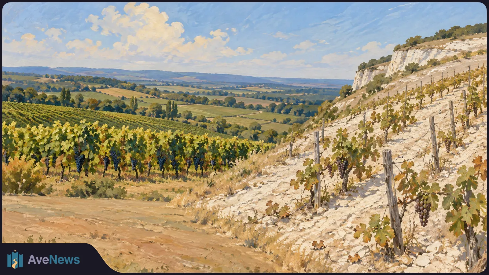 Painted vineyard landscape with dense grapevines on a green slope beside sparser vines on a pale, rocky hillside, under a blue sky. SI illustration