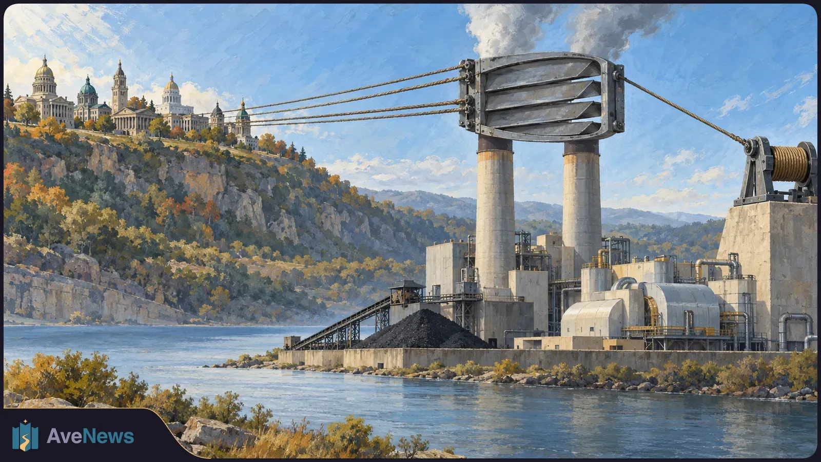 Painting of a riverside coal plant with smoking stacks and a large shutter linked by cables to domed buildings on a hill. SI illustration