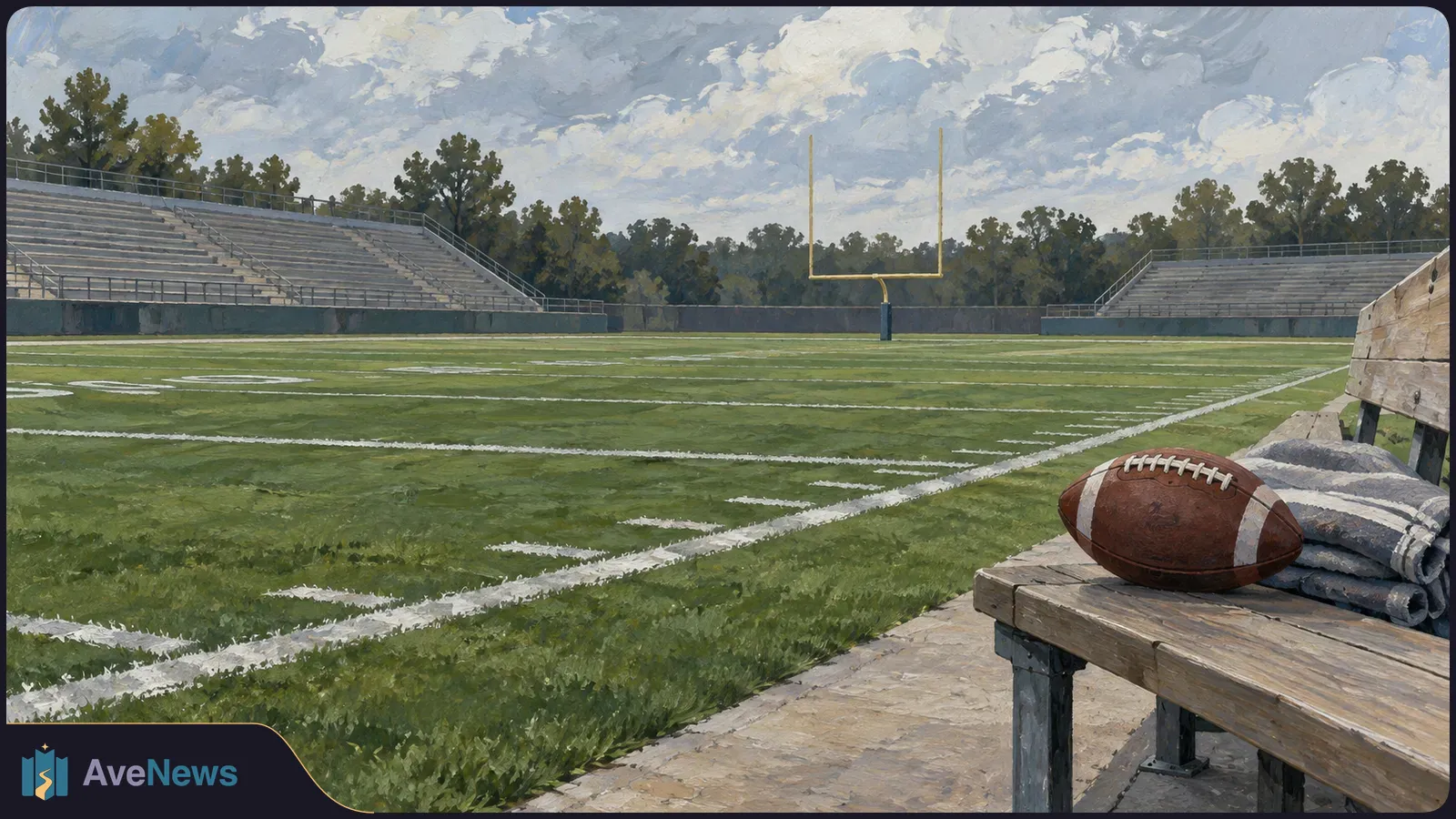 Painted illustration of an empty American football field with bleachers and a goalpost. A football and folded towels rest on a sideline bench. SI illustration