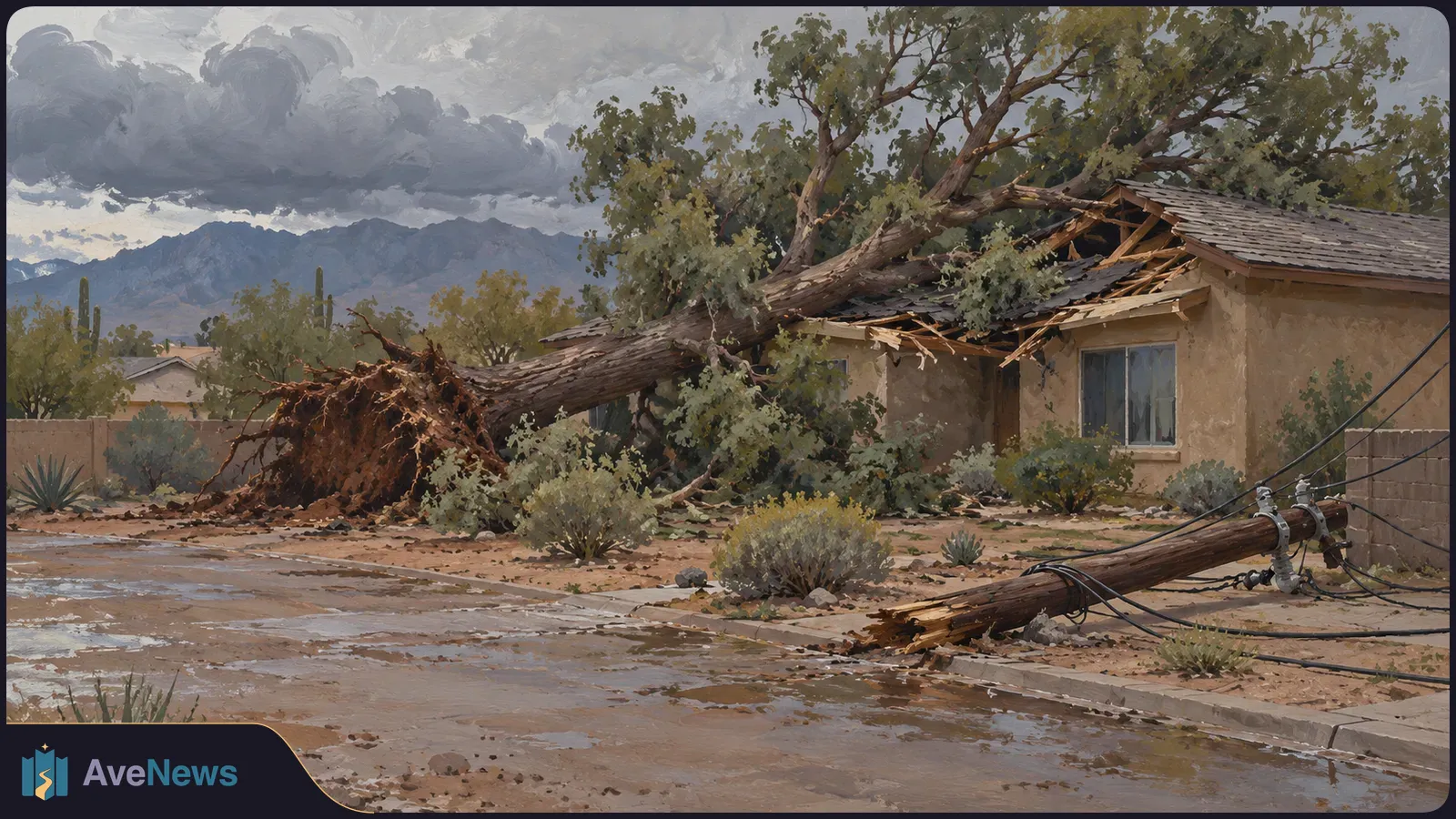 Illustration of an uprooted tree crushing a house roof and a broken utility pole with cables lying beside a wet street under dark clouds. SI illustration