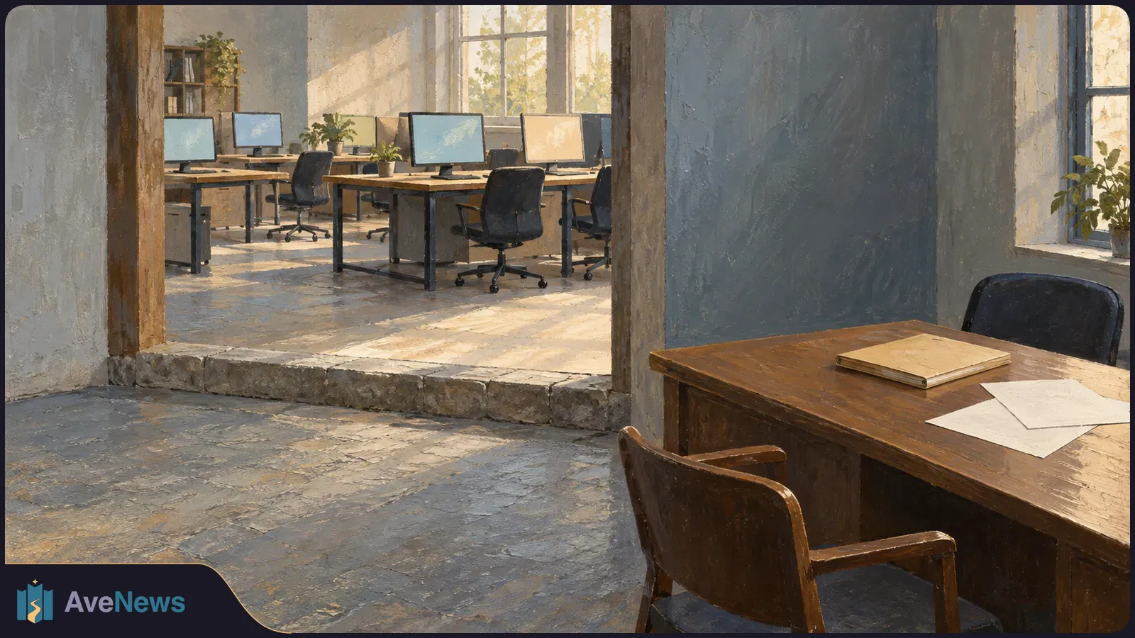 Sunlit, empty office with rows of desks, blank computer screens and chairs; a wooden table with plain papers fills the foreground. SI illustration