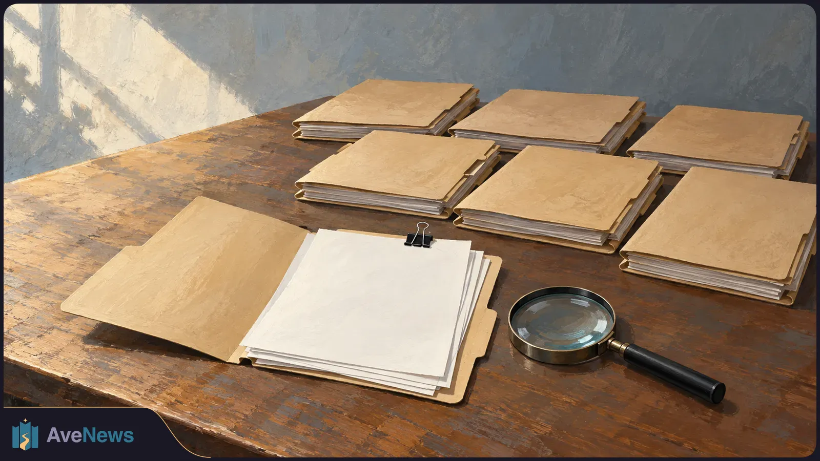 An open folder with blank papers and a magnifying glass sits on a wooden desk, with several closed file folders arranged behind it. SI illustration