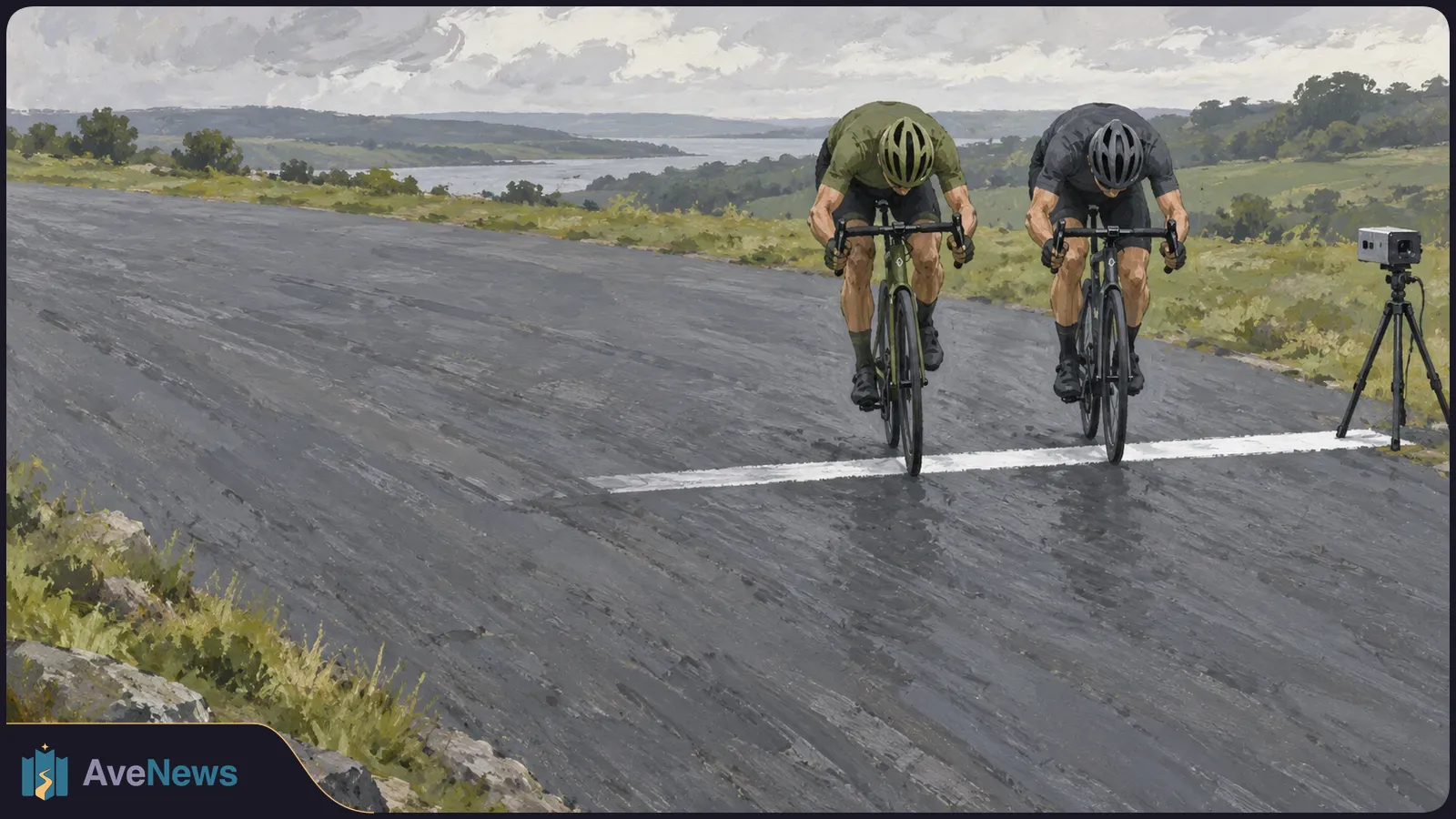 Painted scene of two cyclists riding nearly side by side across a white finish line on a rural road, with a camera on a tripod beside them. SI illustration