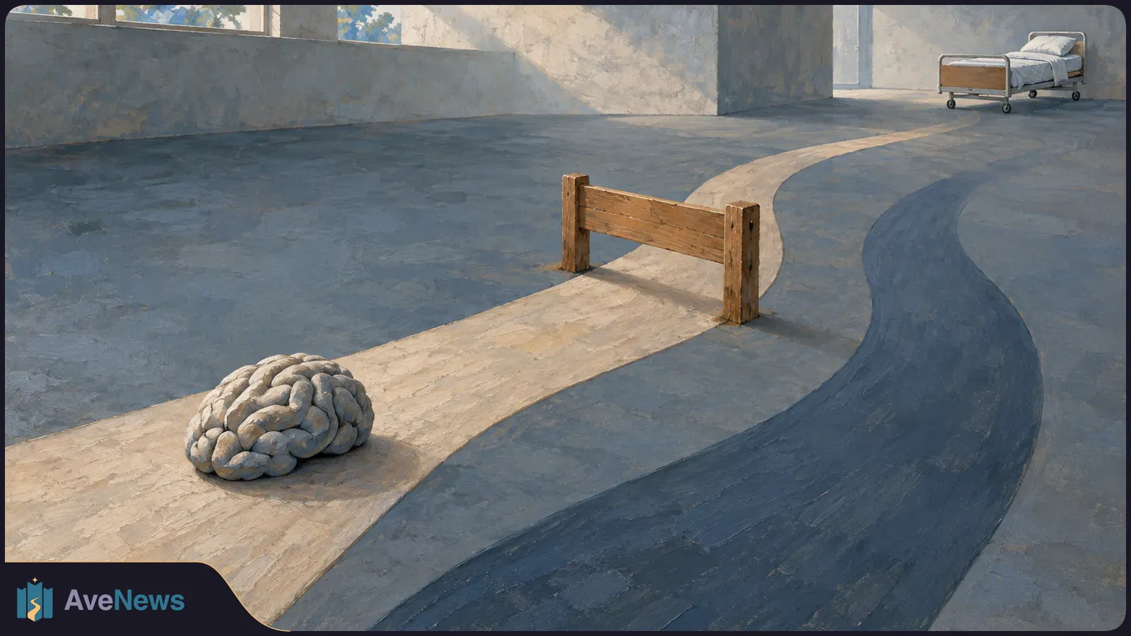 A brain-shaped object rests on a pale winding path blocked by a wooden barrier. An empty hospital bed stands in the distance. SI illustration
