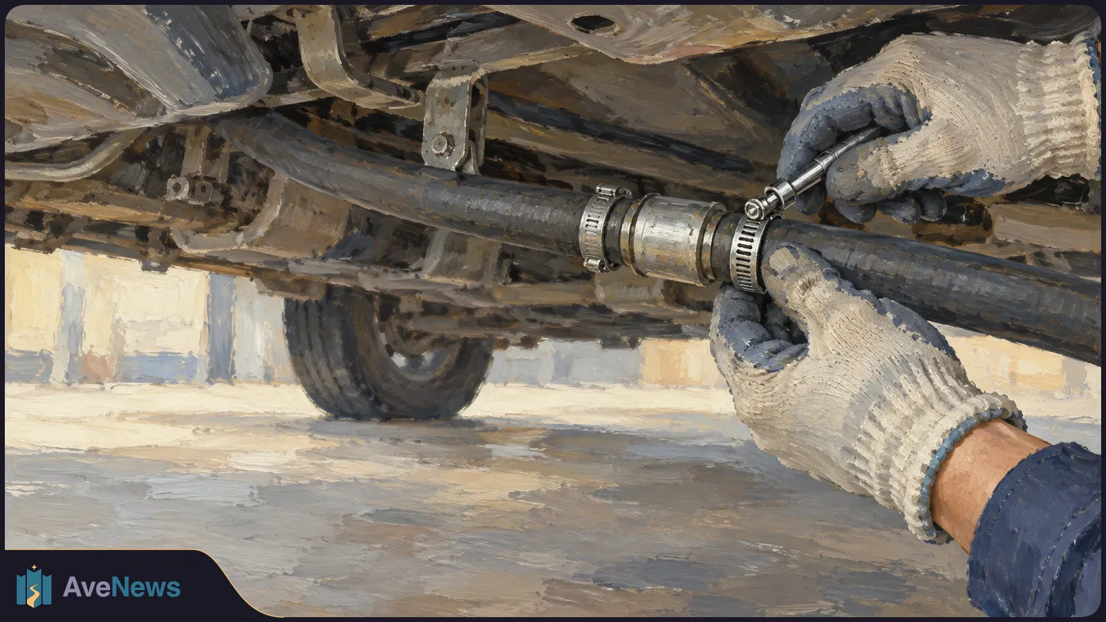 Painted view beneath a vehicle: gloved hands hold a hose connection while a screwdriver tightens a metal clamp; a wheel is visible behind. SI illustration