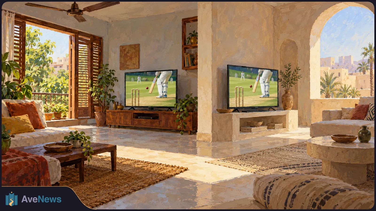 In a sunlit living room, two televisions show the same cricket batter beside the wickets. Palm trees and pale buildings are visible through the openings. SI illustration