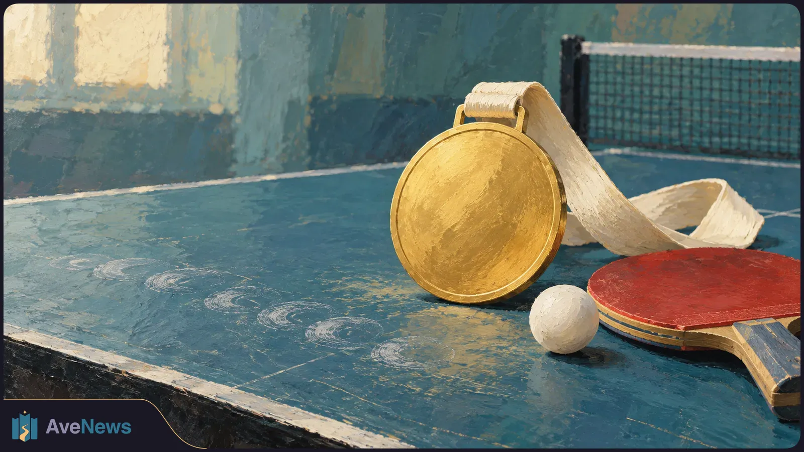 Painterly illustration of a gold medal, red table tennis paddle and white ball on a blue table, with a net in the background. SI illustration