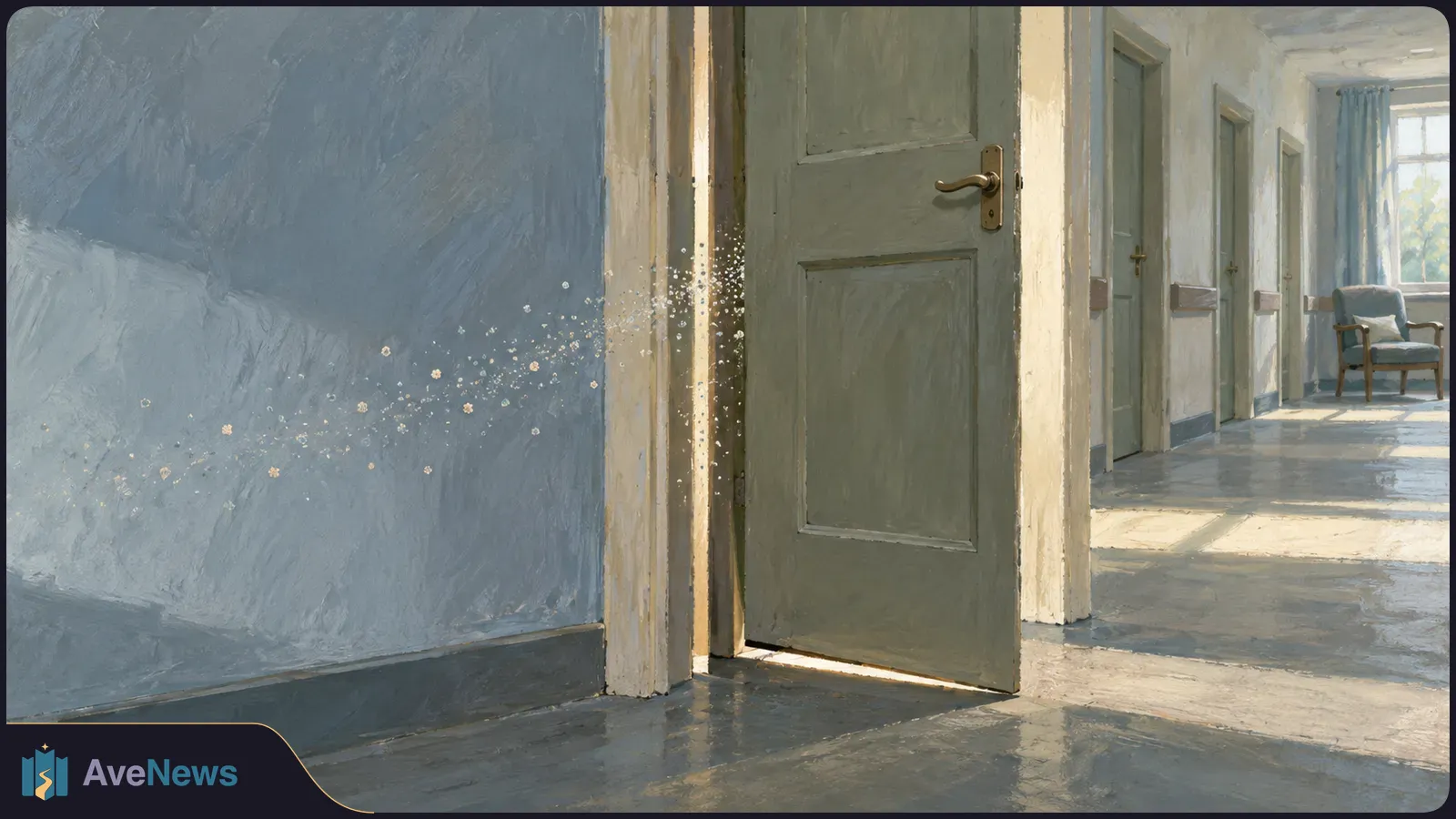 Painterly hallway with a partly open green door, several closed doors, a blue armchair by a sunlit window, and pale specks near the doorway. SI illustration