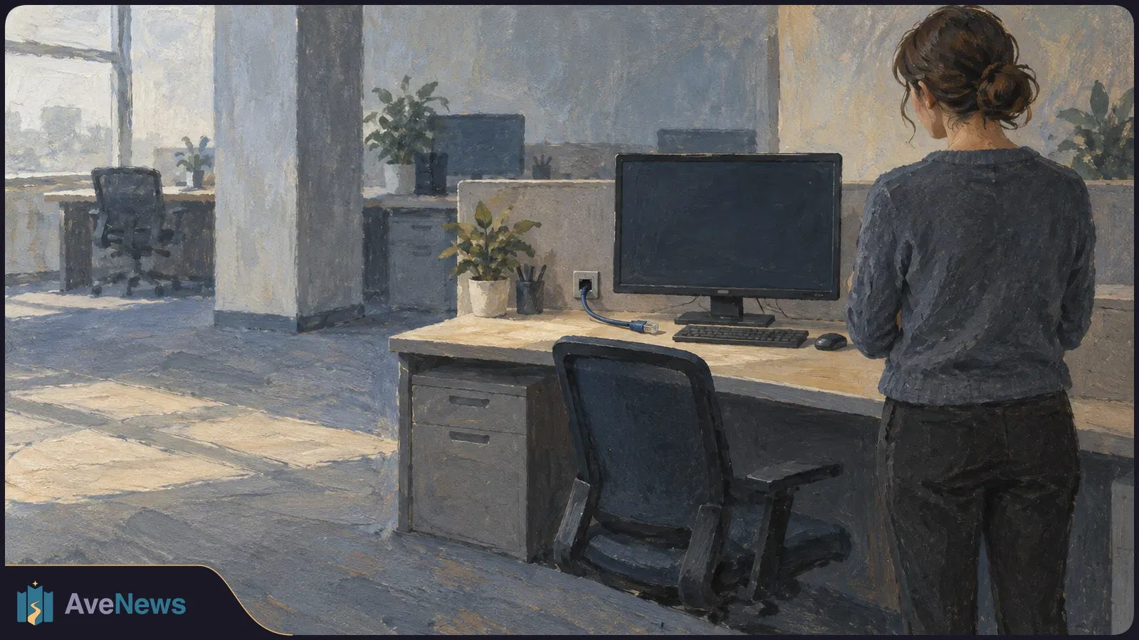 Illustration of a woman seen from behind at an office desk with a dark monitor, keyboard, mouse, potted plant and unplugged cable; empty workstations are in the background. SI illustration