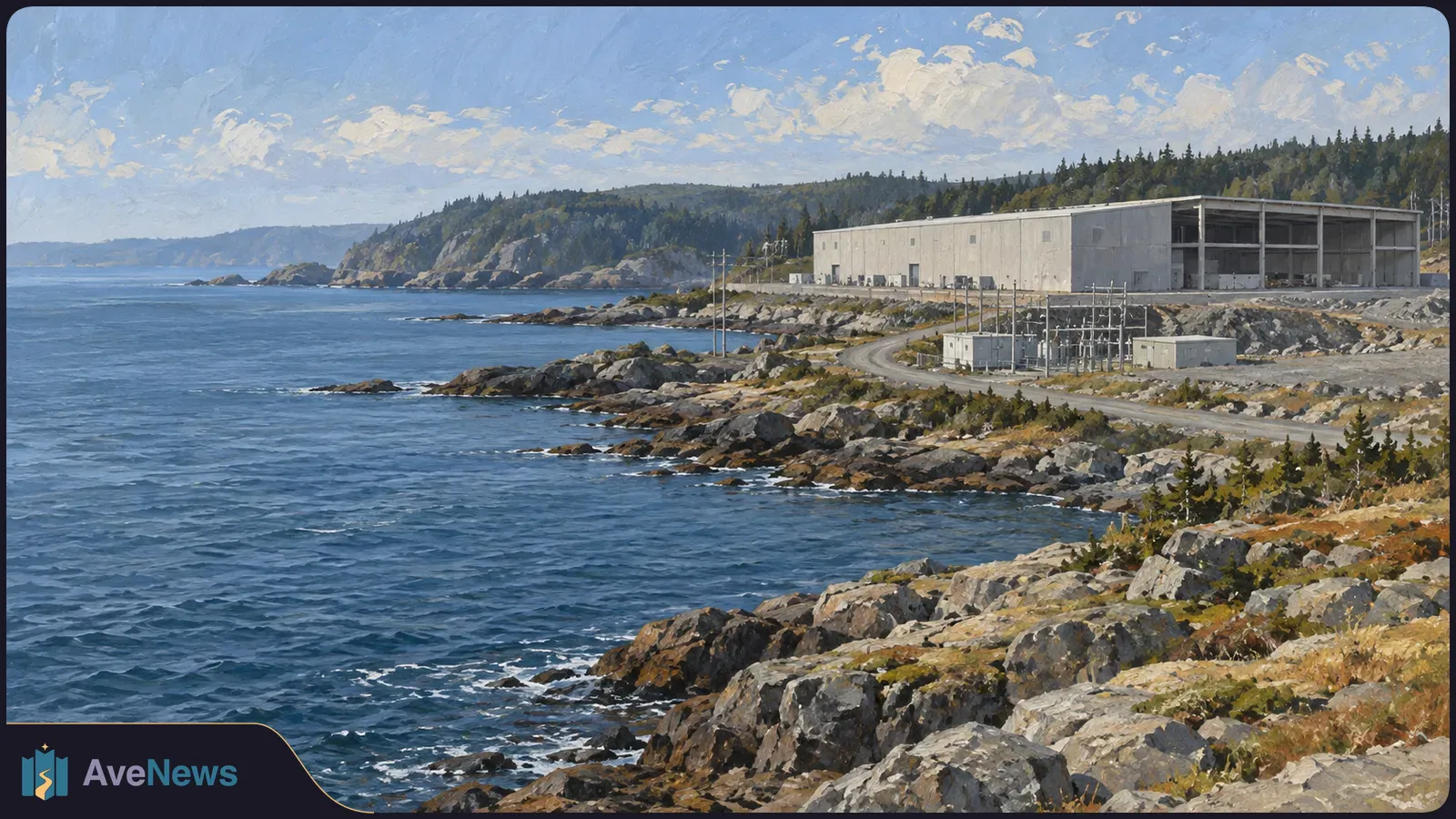 Painterly view of a large pale industrial building and electrical substation beside a rocky coast, with a winding road and forested hills beyond. SI illustration