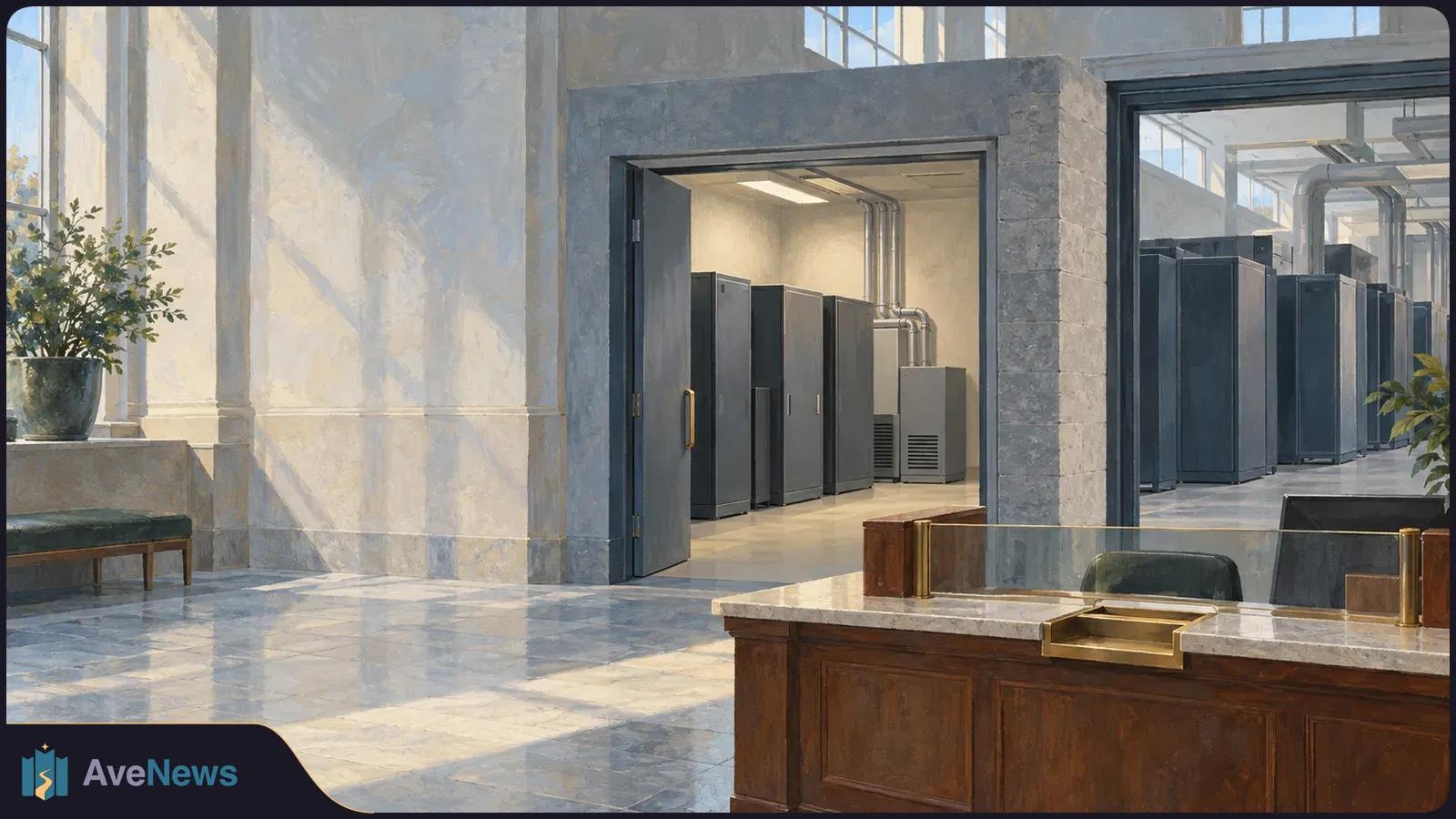 Painted marble lobby with a wooden reception desk and open doorways revealing rows of dark server cabinets and pipes. SI illustration